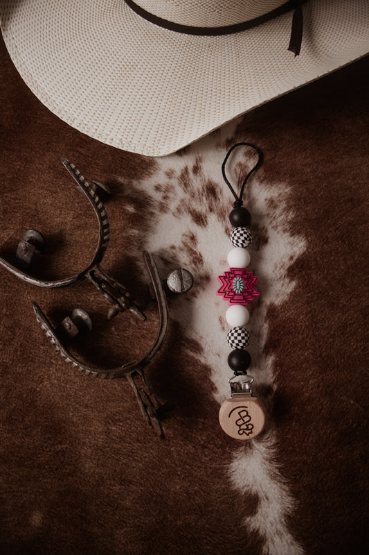 Hot Pink Aztec With Checkers Paci Clip