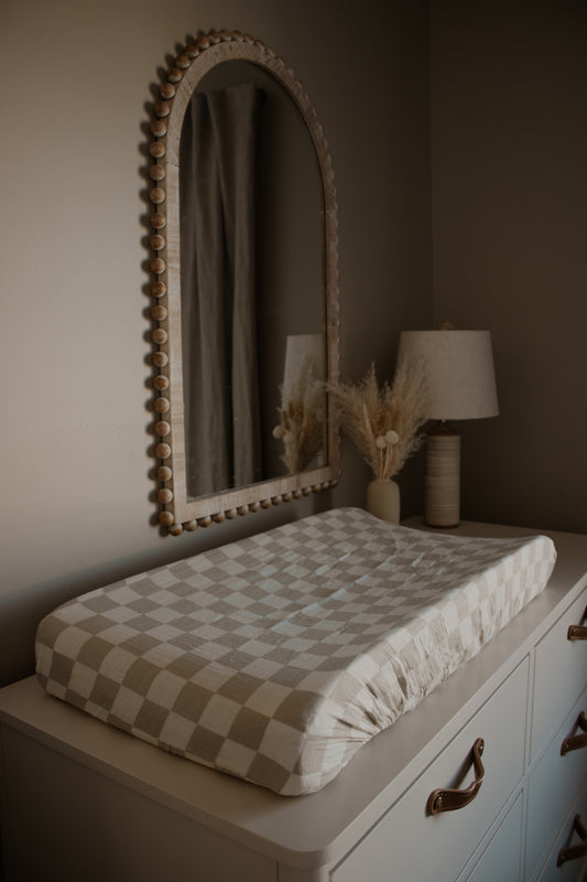 Taupe Checkered Muslin Changing Pad Cover - Mebie Baby