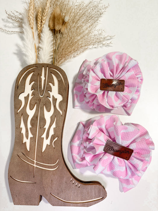 Pink Cow Print Shredded Wrangler Bow