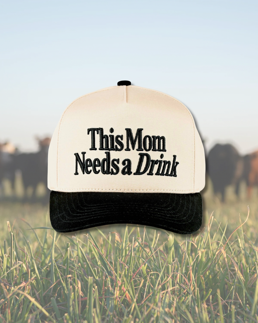 Black This Mom Needs A Drink Embroidered SnapBack Trucker Hat