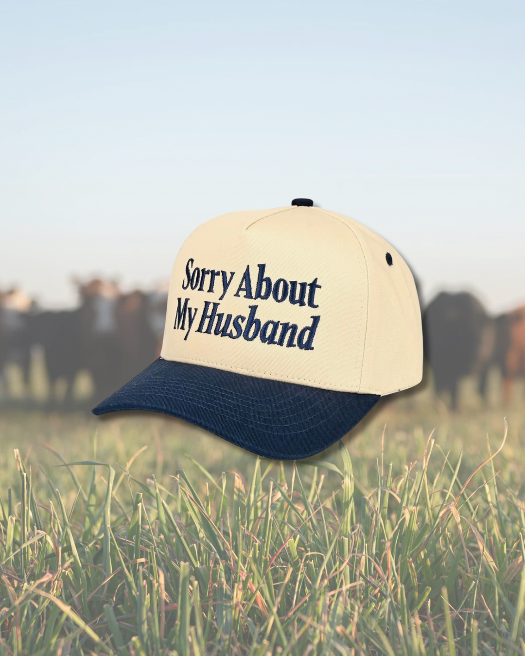 Navy Sorry About My Husband Embroidered SnapBack Trucker Hat