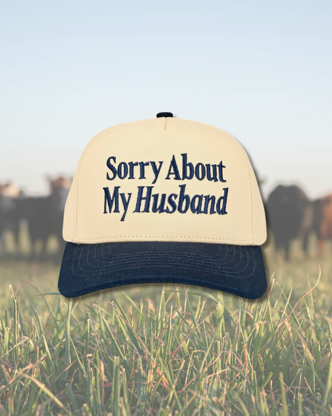 Navy Sorry About My Husband Embroidered SnapBack Trucker Hat