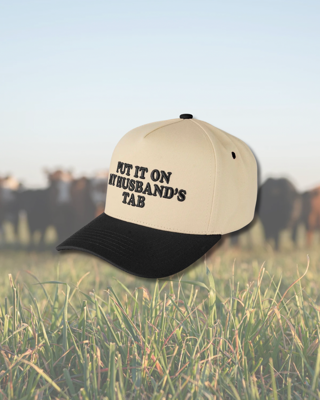 Black Put it on my Husband’s Tab Embroidered SnapBack Trucker Hat