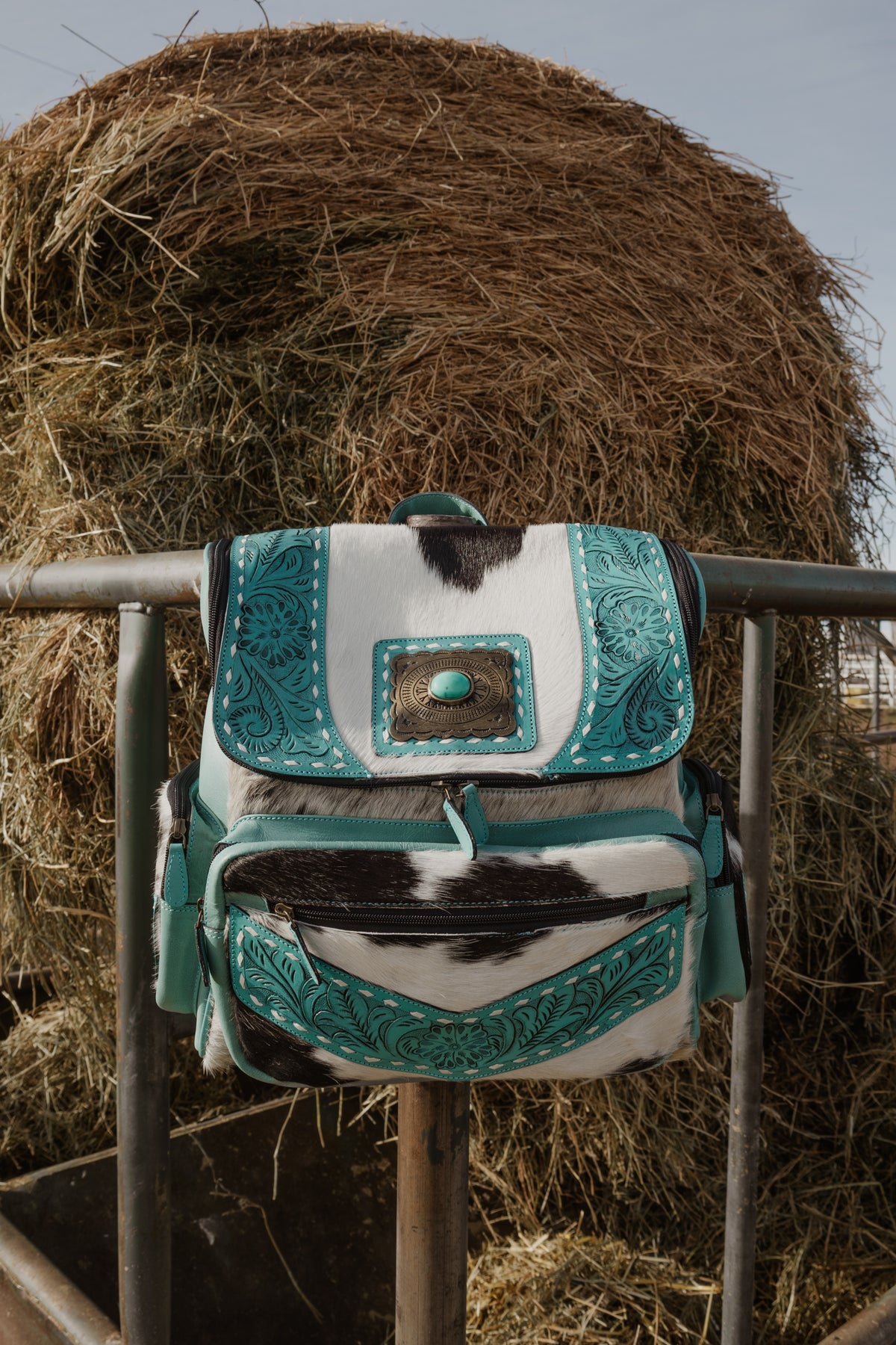 Turquoise Tooled Cowhide Diaper Bag