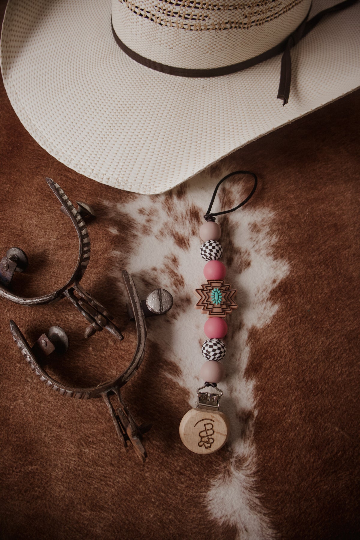 Pink & Brown Aztec Checkered Paci Clip
