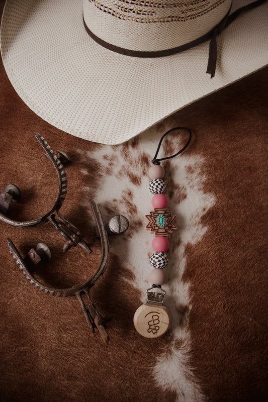 Pink & Brown Aztec Checkered Paci Clip