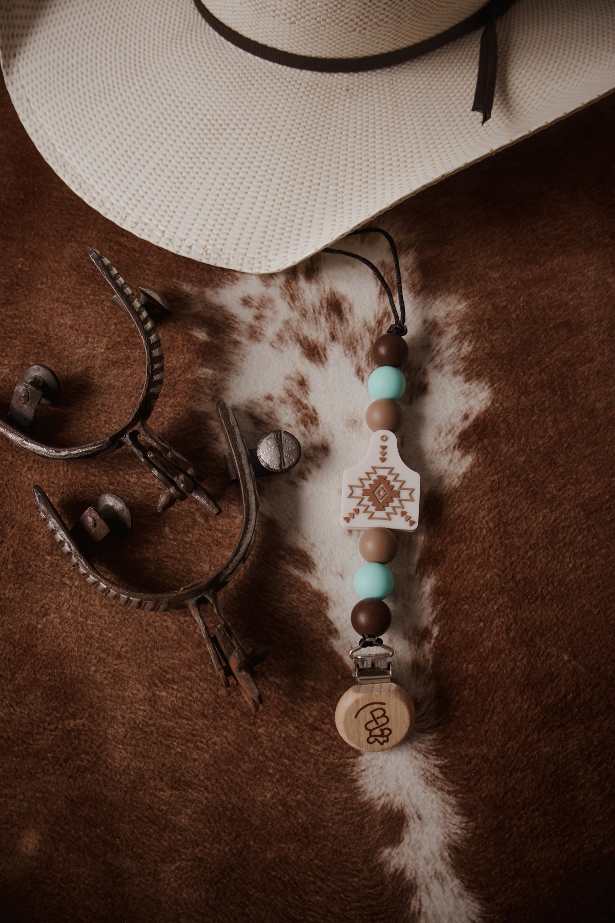 Blue & Brown Cow Tag Paci Clip