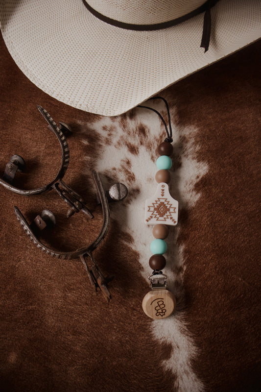Blue & Brown Cow Tag Paci Clip