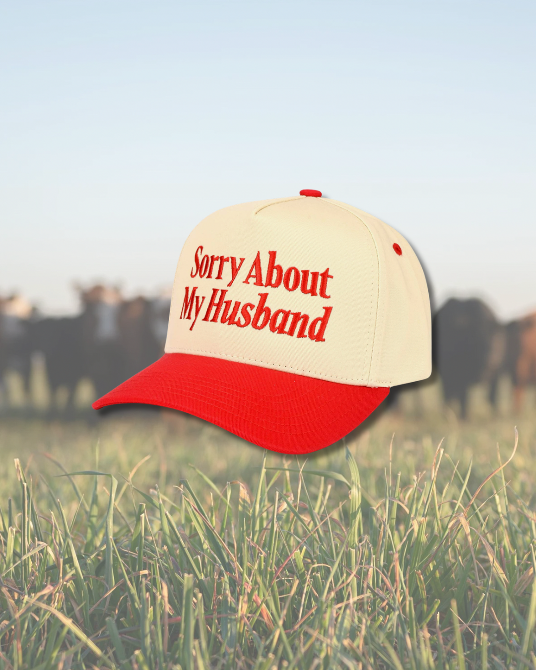 Red Sorry About My Husband Embroidered SnapBack Trucker Hat