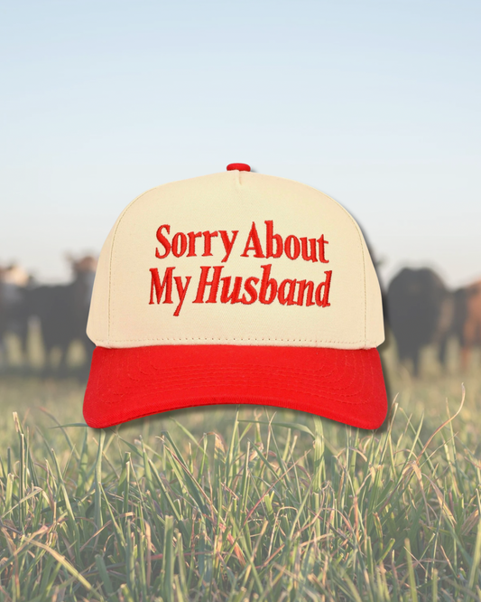 Red Sorry About My Husband Embroidered SnapBack Trucker Hat