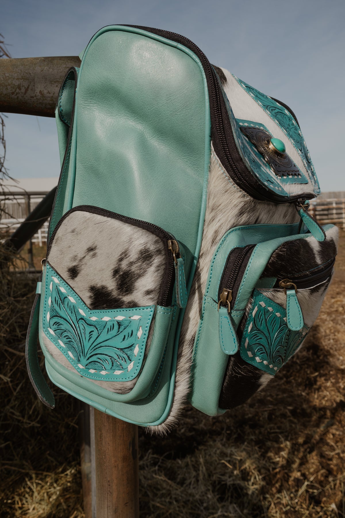 Turquoise Tooled Cowhide Diaper Bag